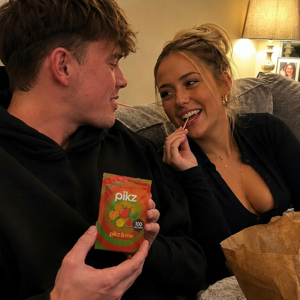Couple on a sofa enjoying pikz & mix flavoured toothpicks
