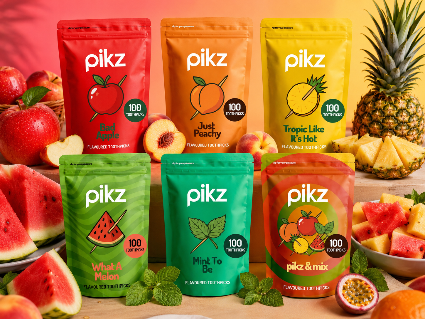 All six pikz flavoured toothpick pouches with fresh fruit