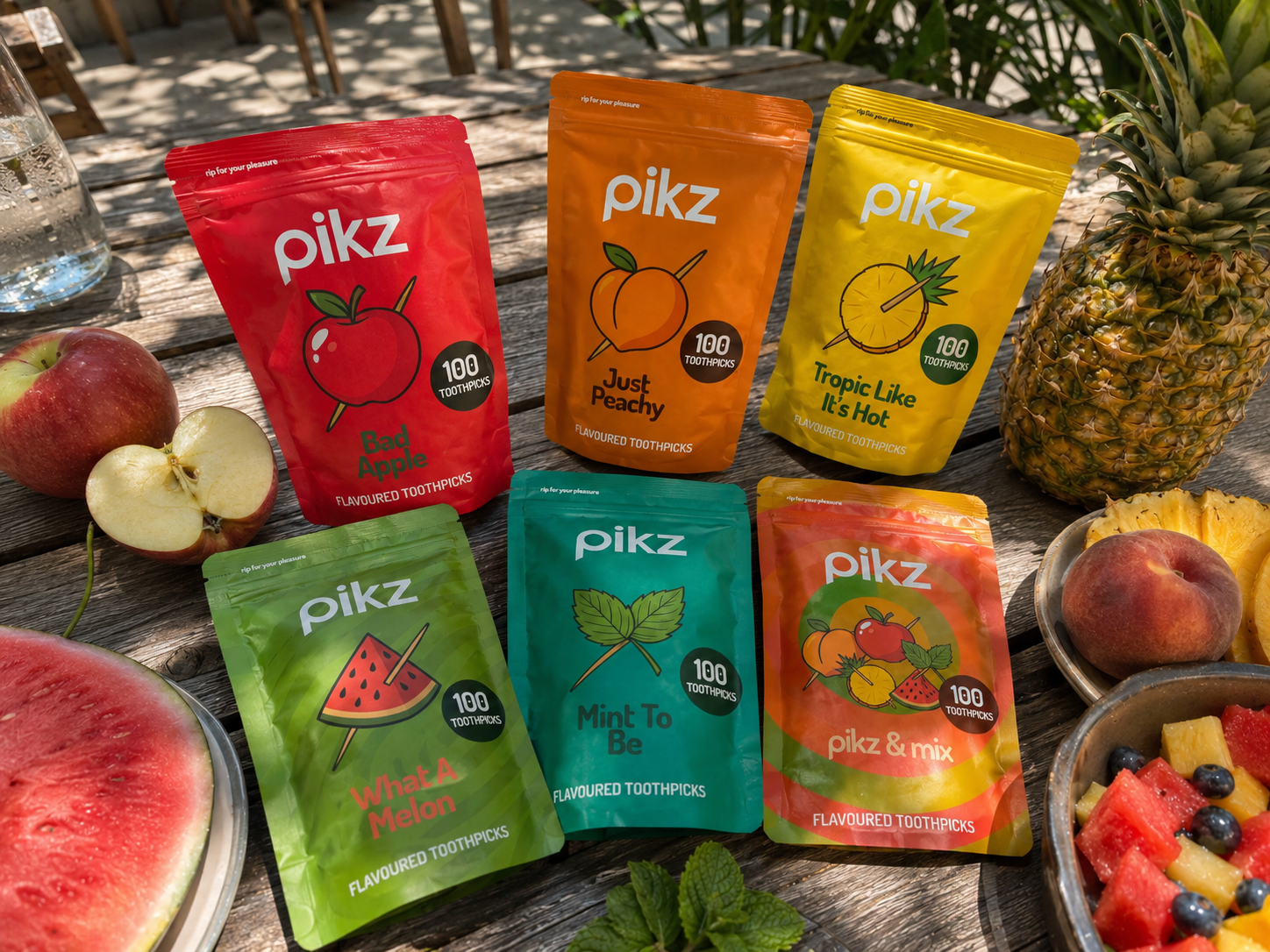 pikz pouches flat-lay with fruit